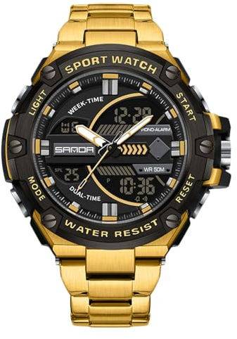 rorios Herren Elektronische Dual Display Uhr 5ATM wasserdichte Armbanduhr Digital Analog Quarz Uhren Multifunktional Militär Herrenuhren Edelstahl Armband Schwarz Gold B