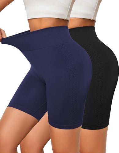 SIMIYA Radlerhose Damen Kurz mit atmungsaktivem Loch Sport Shorts Nahtlos Sporthose Kurz Leggings Hohe Taille Hotpants Workout Shorts für Yoga Gym, Schwarz + Marineblau,S