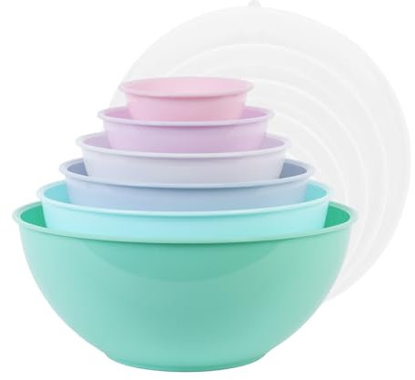 BoxedHome Mixing Bowl Set with Lid, Mixing Bowls, 12-Pack Mixing Bowl Set, Plastic Salad Bowl Non-Slip Stackable Serving Bowls for Kitchen (6 Bowls and 6 Lids, Green Pink)