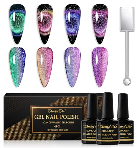 Shining She 9D Cat Eyes UV Nagellack,4 Farben Rosa Grün Violett Gel Nagellack Set Mit Magnet,Soak-Off UV nagellack Set Chamäleon Glitter für French Manicure DIY zu Hause,8ML
