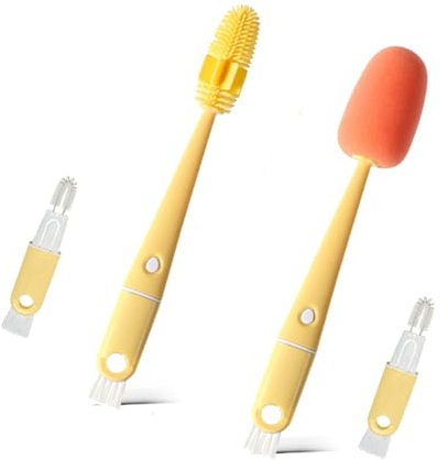 4-in-1 Bottle Brush Long with Handle Pack of 2, Silicone + Sponge Multifunctional Bottle Brushes, Cleaning Brush, Bottle Cleaner with Gap Cleaning Brush, for Drinking Bottles Glass Bottle (Yellow)