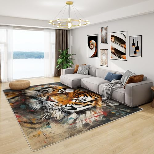 Tiger Teppich Kinder - Teppich Wohnzimmer Schlafzimmer Tigermotiv, Großer Teppich Wildtiere, Weich Kurzflor & Waschbar & rutschfest Wohnzimmerteppich, Kinderteppich, Bettvorleger 100x200 cm