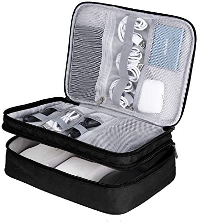 LENTION Cable Organiser Bag Travel Electronic Accessories Organiser Double Layers All-in-One Storage Pouch for Charger, USB Cables, Power Bank, Earphone (Black)