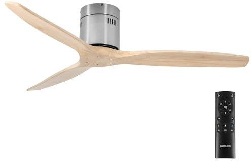 NORHES Kent Ventilador Techo Sin Luz Níquel/Madera Clara. 3 Aspas Ø132cm. Motor DC. Verano/Invierno. 6 Velocidades. Control Remoto Temporizador. Bajo Consumo Silencioso. Brisa Natural