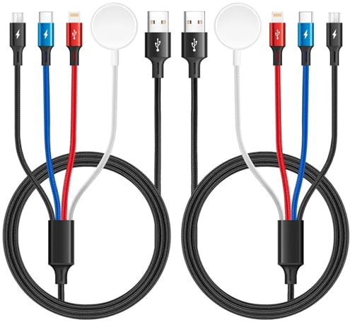 Minlu 4 in 1 Multi Cavo di Ricarica [1,8m 2pack] Cavo di Ricarica USB in Nylon con Caricatore per iWatch e iPhone, Caricatore Portatile iWatch per serie iWatch Wireless Magnetica/Phone/Android