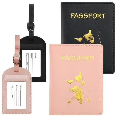 4 Protege Passeport et Etiquette Valise Set, Porte-Passeportt Cuir avec Étiquette Bagage PU Cuir Imperméable Etiquettes à Bagage Couple Noir Rose Etui à Passeport Accessoires Voyage pour Honeymoon