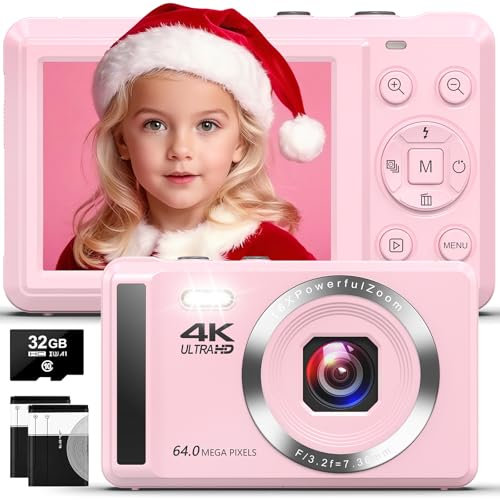 Digital Camera 4K UHD Vlogging Camera, 64MP Autofocus Compact Camera with 16X Digital Zoom, Rechargeable 2.4” Mini Kids Camera with 32GB Memory Card,2 Batteries for Beginners Students Teenagers