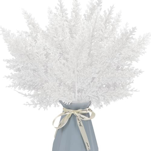 12 Pcs Christmas Glitter Leaves, 31cm Artificial Leaf Stem Branches Christmas Tree Picks Sprays Shiny Christmas Tree Decorations for Xmas Tree Decor DIY Vase Fillers Flower Arrangement (White)
