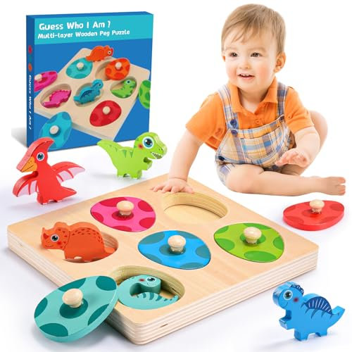Dinosaur Toys for 1 2 3 Year Old, Wooden Jigsaw Puzzle for 1 2 3 Year Old Montessori Toy for 1 2 Years Old Educational Learning Toys for Toddlers Christmas Birthday Gifts for Kids