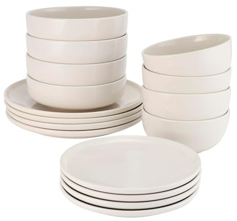 ProCook Stockholm Ivory Dinner Set with Pasta Bowls Stoneware Scandinavian Style Flat Base Dishwasher, Microwave & Oven Safe Dinnerware 16 Piece, 15/20/22/27 cm