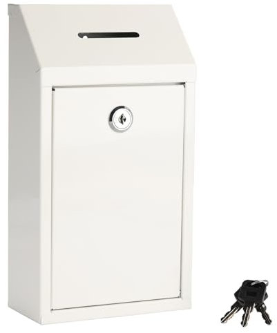 Suggestion Box with Lock and Slot Metal Money Drop Box Locked Donation Box Ballot Box 10.24 x 5.71 x 2.95 Inches wall mounted Mailbox for Outside, Office, Home (White)
