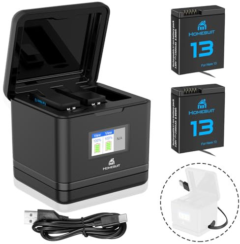 Homesuit Hero 13 Battery 2300mAh and LCD 3-Channel USB Storage Charger for Hero 13 Black Enduro Rechargeable Battery with Type-C (2-Pack)