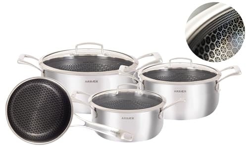 Arbaer Lot de 7 casseroles - Avec couvercles - Convient pour induction et gaz - Revêtement anti-adhésif en nid d'abeille - Poignées résistantes à la chaleur - Sans PFAS