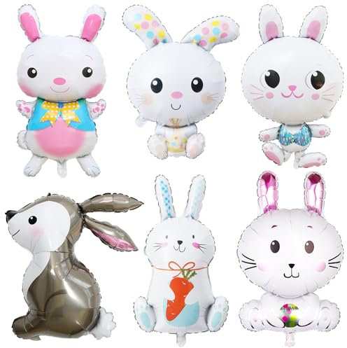 KOBOKO Kaninchen Folienballon Ostern Deko, 6 Stk Hasen Deko Luftballon Tiere, Osterhase Deko Hase Luftballons, Osterdeko Hasen Ballon Kindergeburtstag, Häschen Helium Ballons Tiere Ostern Party Deko
