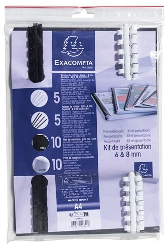 Exacompta - Réf. 42844E - 1 Kit de présentation reliures spiralées pour dossier de 10 à 40 feuilles A4-5 peignes 6 mm noirs - 5 peignes 8 mm blancs - 10 plats PVC - 10 plats couverture noir