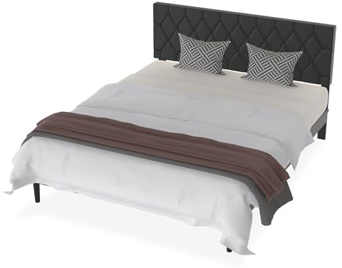 FIVMEN Bettgestell 160x200 cm Bettrahmen Metallbett mit Leder Kopfteil und Lattenrost Jugendbett Gästebett Doppelbett für Schlafzimmer Gästezimmer, Schwarz