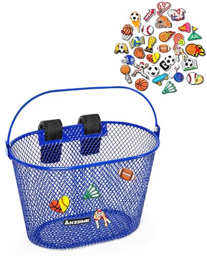 ANZOME Fahrradkorb Kinder, Metall Fahrradkorb vorne Kinder für Mädchen Jungen, Lenkerkorb mit 30 niedlichen Clips & Klettverschlüssen wasserdicht abnehmbar Geschenke für Kinder(Sportserie)