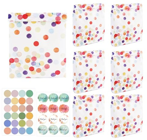 40 Stück Geschenktüten mit 96 Aufkleber, Mitgebsel Tüten Geschenktüten Kindergeburtstag Runde Punkte Papiertüten Kindergeburtstag für Party und Festival
