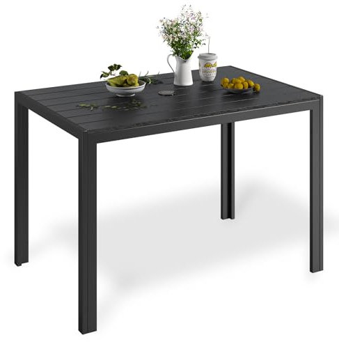 LIFERUN Gartentisch mit Sonnenschirmloch, 110x70 cm Balkontisch Wetterfest, Aluminium Rahmen, WPC Tischplatte, Rechteckiger Esstisch Outdoor für Terrasse, Schwarz