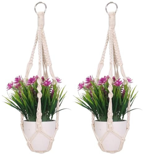 JOYIAL Lot de 2 suspensions en macramé - Corde en coton pour pots de fleurs suspendus - 50 cm - Pour l'intérieur et l'extérieur - Plafonds - Balcons - Décoration murale