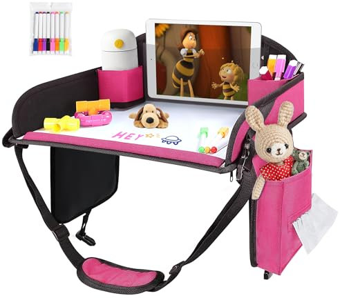 INFANZIA Kids Travel Tray for Car - Car Seat Tray with Markers for Kids Travel, Road Trip Essentials - Carseat Table for Roadtrip Activities - Must Have Toddler Lap Desk Organizer for Airplane (Pink)