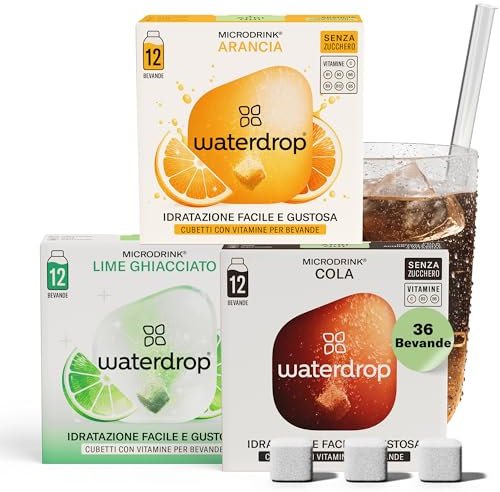 waterdrop® Microdrink Coffret Boissons Gazeuses - Cola, Orange & Citron Vert, 36 boissons en cubes effervescentes en 3 saveurs, Enrichi en Vitamines, Boisson sans sucre, Eau aromatisée en pastille