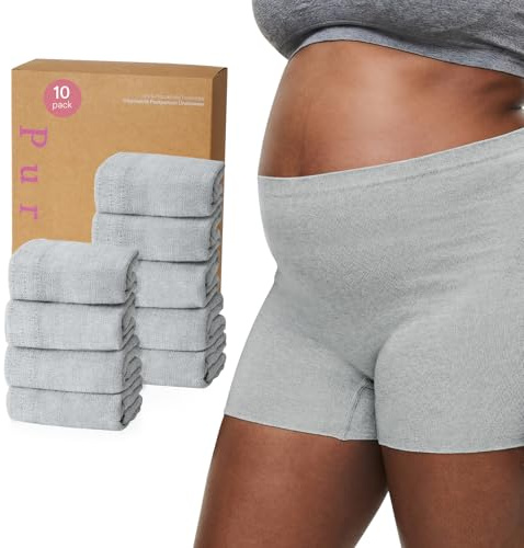 PurComfy 10 Pcs Postpartum Underwear for Women, High Waisted Disposable Boyshort Underwear for Mom Postpartum, Seamless Under Wear for Postpartum Essentials, Waist 28- 42 Stretched, Grey