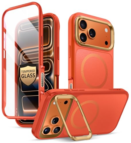 i-Blason for iPhone 17 Pro Max Case MagSafe with Stand [9H+ Tempered Glass Screen Protector] [Camera Control Button Cover] Military-Grade Protection Full-Body Heavy Duty Magnetic Case (Coral)