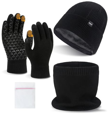 Yuaerbuo Touchscreen Handschuhe Mütze Schal Set Herren Damen, 4-Teiliges Set Fleece Gefüttert Strickmütze Winterhandschuhe Schlauchschal mit Wäschesack für Halswärmer Sets