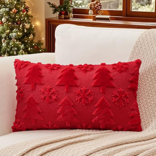 Artscope 1 Pezzi Natalizio Federe in Lana Corta Velluto Copricuscini Morbido Decorativo Fodere per Cuscino Lusso Stile per Divano Camera da Letto Natale Alberi e Neve Rosso 40x60 cm
