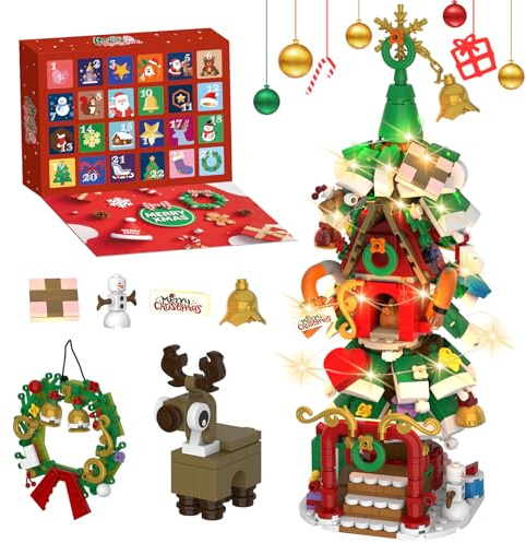 2025 Adventskalender Weihnachtsbaum Haus Bauset - 24 Tage Countdown mit Kranz Rentier & LED Licht, Geschenk für Teen Jungen/Mädchen