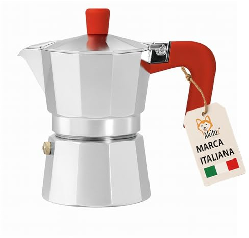 AKITAInk Moka in Alluminio Rosso – Caffettiera Espresso Antigoccia con Guarnizione in Silicone e Manico Ergonomico, Design Elegante, Caffè dal Gusto Autentico Ogni Giorno (Rosso, 2 Tazze)