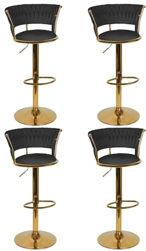 Lot de 4 Chaise Bar en Velours Tabourets de Bar Design avec Pieds en Métal Doré Chaises de Comptoir et Cuisine Moderne (Jambes d'or,Noir,4PCS)