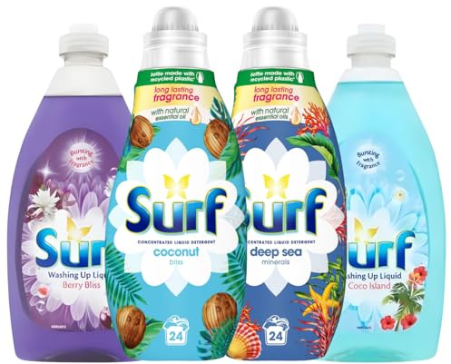 Surf Washing Up Liquid & Laundry Detergent Bundle 4 Pack, Deep Sea Minerals & Coconut Bliss Laundry Detergent 24 Wash 648ml Each, Coco Island & Berry Bliss Washing Up Liquid 500ml, Long-Lasting Fresh
