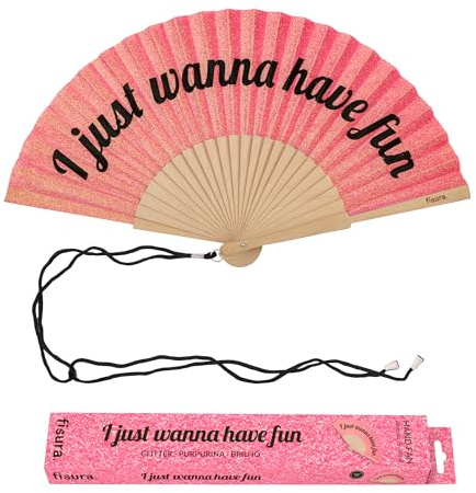 Fisura – Original “Have Fun” Folding Fan, Modern and Colourful Handheld Fan, Pink Glitter Design for Wedding, Rave, Festival - Includes Strap. Size: 42.5 x 23 cm