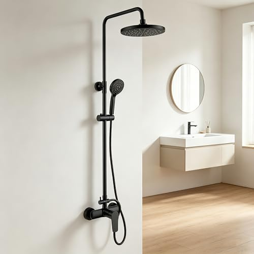 KOMIRO Colonne de Douche avec Mitigeur Mécanique, Ensemble de Douche Réglable en Hauteur, Mitigeur Douche Set, Noir, Rond