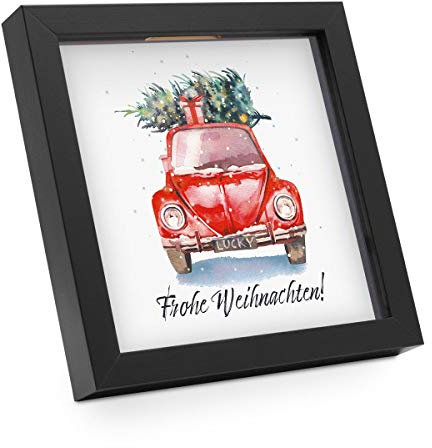 PHOTOLINI Bilderrahmen Spardose zum Befüllen 20x20 cm schwarz, Weihnachten Objektrahmen Geldgeschenke, 4 austauschbare Motive, Aufstellen & Aufhängen, DIY - perfekt zum Basteln und als Geschenk