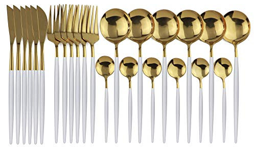JANKNG Ménagère 24 pièces en acier inoxydable 18/0 avec couteau, fourchette, cuillère à café, service pour 6 personnes, manche blanc doré
