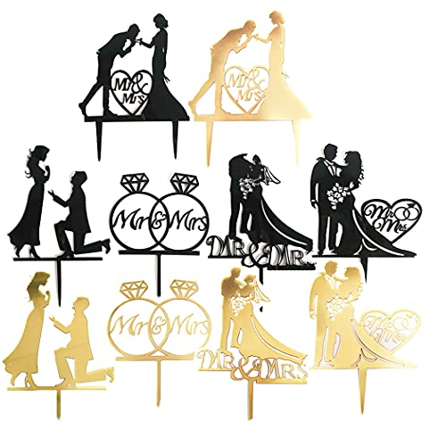 Aabellay 10 Stück MR and MRS Acryl Kuchen Topper Torten Aufsatz Tortendekoration Tortenstecker Cupcake Glitter Deko für Hochzeit Engagement Hochzeitsfeier Geburtstagsfeier - Gold und Schwarz