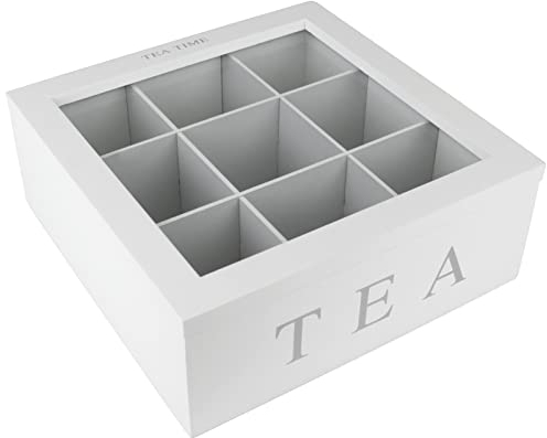 Koopman Teebox 9 Fächer Tea Time Teekiste Tee Dose Kiste Teekasten Teedose Teebeutelbox Teebeutelkiste, Weiß, 22,5 x 22 x 8,5 cm