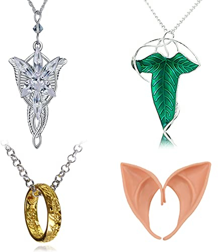 HJYZY 4 Stück Arwen Evenstar Kette Anhänger Halskette Damen Halskette mit Ring Anhänger Schmuck Elfengrüne Lorien-Brosche/Halskette/Elfenohren-Set