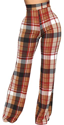 Onsoyours Damen Plaid Print High Waist Leggings Casual Kariert Skinny Hose Yogahose B Weinrot XXL