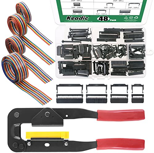 Keadic K990 50 Pcs 2.54mm Pitch Dual Rows Female Header IDC Cable Connector Assortment Kit - 10, 16, 20, 26 Pin - Rainbow Color Flat Ribbon Cable and IDC Crimp Tool
