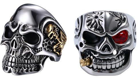 OIDEA Herren Ring Schädel Totenkopf: 2 Stück Herrenring Rot mit Skull Persönlichkeit aus Edelstahl Gotik Punk Rock Siegelring Geburtstag Geschenk für Männer Junge Vater Freund Größe 57