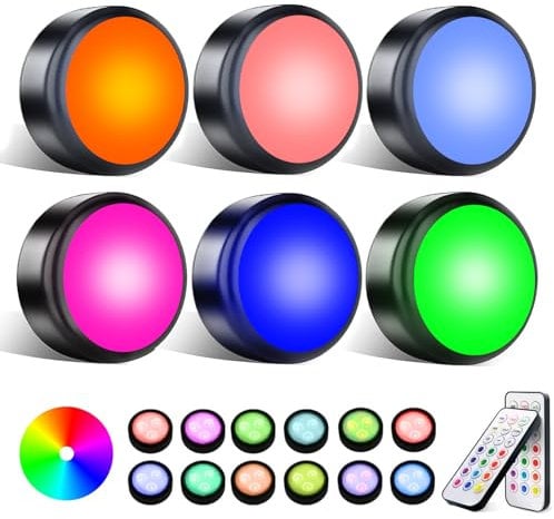 swesara Puck Lights, 16 Colors Changeable LED Push Light Battery Operated Dimmable Under Cabinet Lighting, Battery Powered Under Counter Lights with Remote Controls & Timing Function