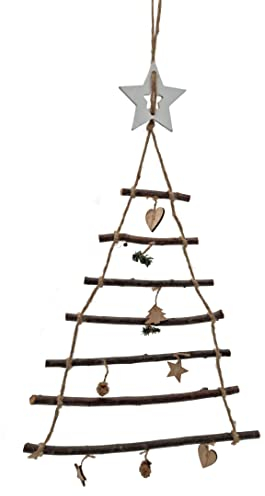 Holz Weihnachtsbaum aus 7 Ästen mit Stern Spitze - 70 cm - Wand Dekoration zum Hängen mit Zierschmuck - Deko Tannenbaum Hängebaum Hängedeko Wand Behang Weihnachten Advent