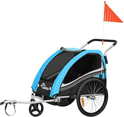 SAMAX Fahrradanhänger Jogger 2in1 360° drehbar Kinderanhänger Kinderfahrradanhänger Transportwagen vollgefederte Hinterachse für 2 Kinder in Blau - Black Edition