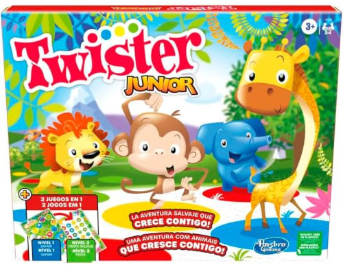 Junior Twister Spiel - Abenteuer mit Tieren - 2 Seiten Matte - 2 Spiele in 1 - Partyspiel - 2 bis 4 Spieler Indoor Spiel - Spanische Version