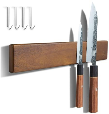 ENOKING 16 Inch Magnetic Knife Holder for Wall - Acacia Wood Knife Strip with Gold-Stamping Magnetic Gift Box - Powerful Knife Bar with 4 Hooks, No Drilling or Screw Mount