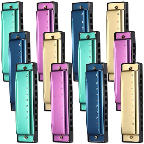 Lukmaa 12 Pcs Harmonica Set 10 Hole 10 Hole 10 Tones Titanium Color Harmonica with Case Diatonic Chromatic Harmonica Musical Mouth Organ for Beginner Students Adults Kids Instruments Gifts, 4 Colors